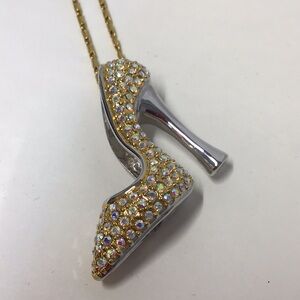 Stunning signed Butler Gold & Silver High Heel Pendant Necklace AB pave SPARKLE